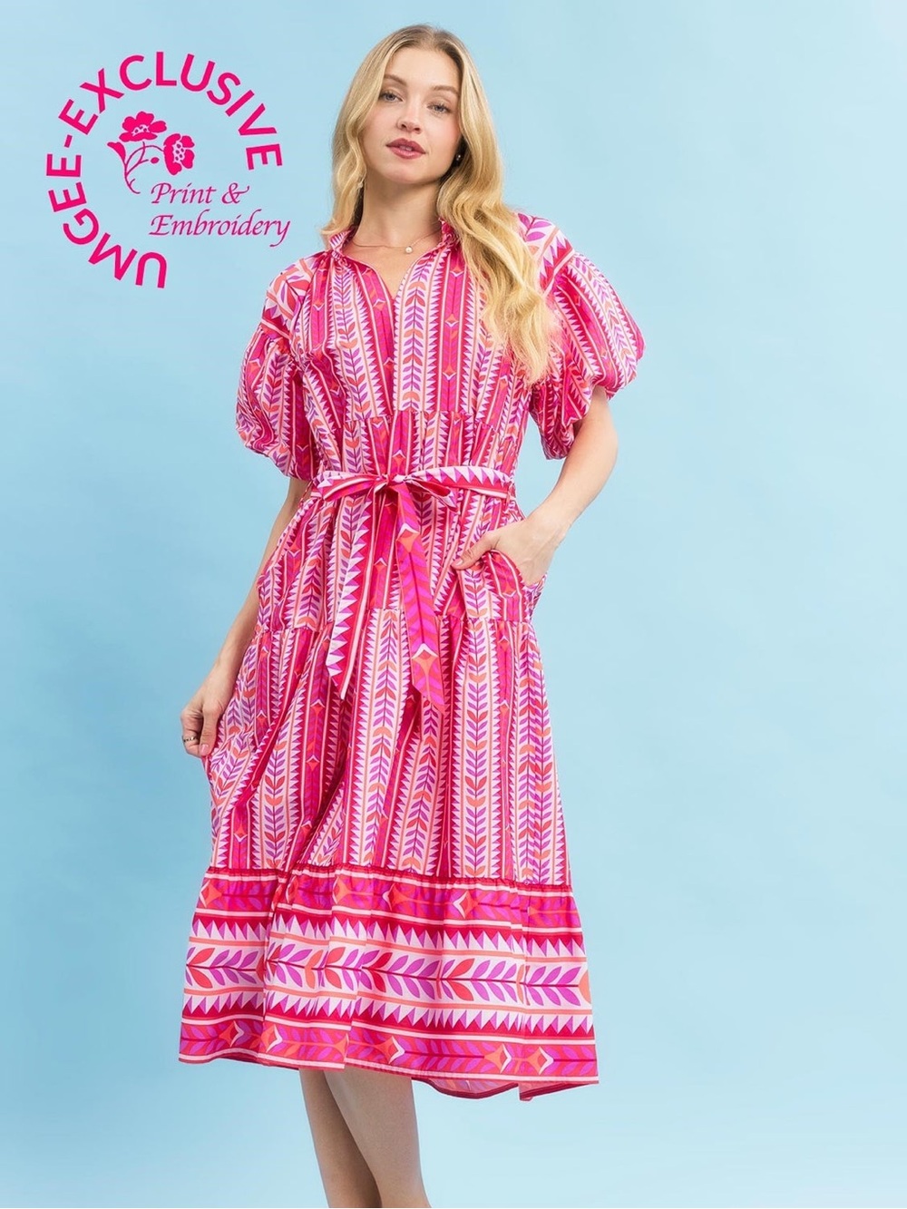 Umgee Pink and Orange Printed Puff-Sleeve Dress